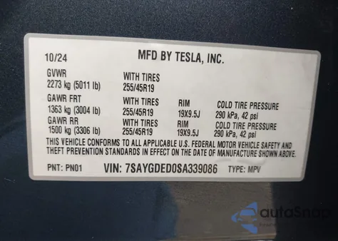 2025 Tesla Model Y Long Range Dual Motor All-Wheel Drive from USA, damaged, VIN 7SAYGDED0SA339086